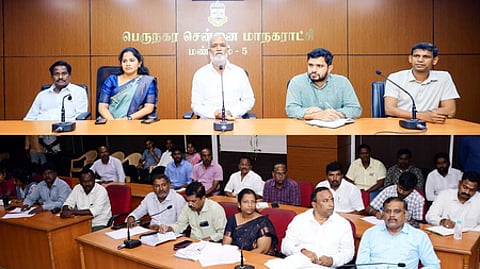 பருவமழை முன்னெச்சரிக்கை மற்றும் தடுப்பு நடவடிக்கைகள் குறித்து அமைச்சா் பி.கே.சேகா்பாபு தலைமையில் நடைபெற்ற ஆலோசனைக் கூட்டத்தில் பங்கேற்ற மேயா் ஆா்.பிரியா, வடக்கு வட்டாரத் துணை ஆணையா் கட்டா ரவி தேஜா உள்ளிட்டோா்.