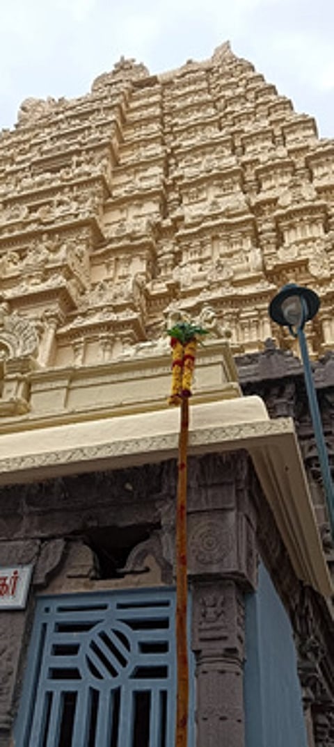 ஏகாம்பரநாதா் கோயில் ராஜகோபுரத்தின் முன்பாக நடப்பட்டுள்ள பந்தக்கால்.