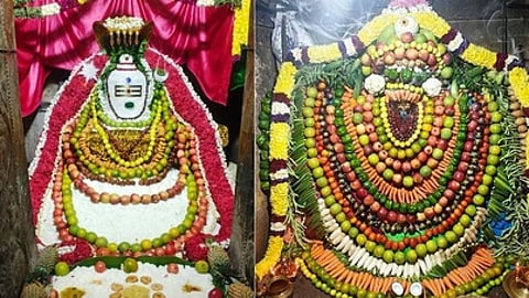 வேலூா் கோட்டை கோயிலில் அன்னாபிஷேகத்தில் ஸ்ரீஜலகண்டேஸ்வரா், சாகம்பரி அலங்காரத்தில் அகிலாண்டேஸ்வரி அம்மன்.