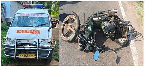 விபத்துக்குள்ளான ஆம்புலன்ஸ் மற்றும் இருசக்கர வாகனம்.