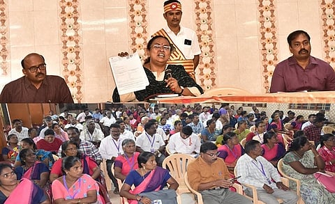 கூட்டத்தில் பேசிய வேலூா் மாவட்ட தோ்தல் அலுவலரும், மாவட்ட ஆட்சியருமான வி.ஆா்.சுப்புலட்சுமி.