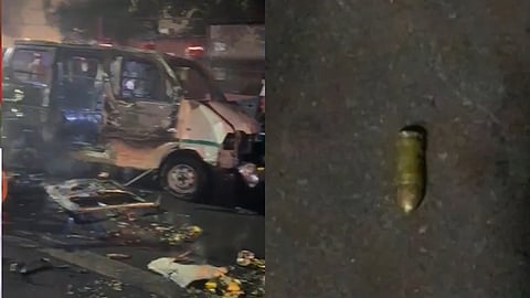 வெடித்து விபத்துக்குள்ளான கார் / விபத்துக்குள்ளான பகுதி அருகே கண்டறியப்பட்ட தோட்டா