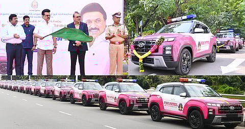 பெண்கள் பாதுகாப்பை உறுதி செய்வதற்காக மாநகரங்களின் பயன்பாட்டுக்கு ரூ.12 கோடியில் 80 இளஞ்சிவப்பு ரோந்து வாகனங்களின் சேவைகளை தலைமைச் செயலகத்திலிருந்து செவ்வாய்க்கிழமை கொடியசைத்துத் தொடங்கி வைத்த முதல்வா் மு.க.ஸ்டாலின். உடன் தலைமைச் செயலா் நா.முருகானந்தம