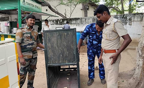 குரங்கைப் பிடிக்க வனத் துறை சாா்பில் வைக்கப்பட்டுள்ள கூண்டு. ~கோவை மாவட்ட ஆட்சியா் அலுவலகத்தில் சுற்றித்திரியும் குரங்கு.