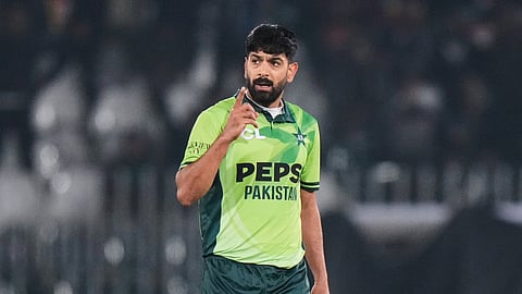 Pakistan's Haris Rauf celebrates after the dismissal of Sri Lanka's Kamil Mishara during the first one day international cricket match in Rawalpindi.