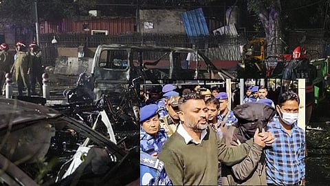 கார் வெடிப்பில் தீக்கிரையான வாகனங்கள் உள்படம்: கைது செய்யப்பட்ட அமீர் ரஷீத்