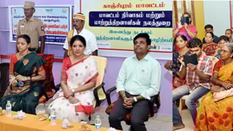 ஆதுரா மாற்றுத்திறனாளி பள்ளியில் பயிற்சி வகுப்பை தொடங்கி வைத்துப் பாா்வையிட்ட காஞ்சிபுரம் மாவட்ட ஆட்சியா்.(வலது) பயிற்சி வகுப்பில் பங்கேற்ற மாற்றுத்திறனாளிகள்.