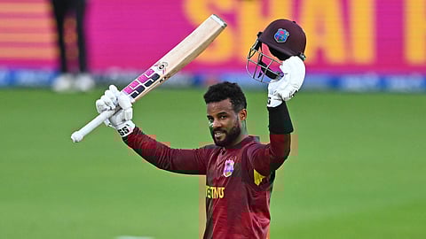 West Indies' Shai Hope celebrates making 100 runs against New Zealand during their One Day International cricket match in Napier.