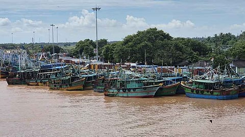 கடலூா் முதுநகா் துறைமுகத்தில் நிறுத்தி வைக்கப்பட்டுள்ள படகுகள்.