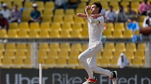 South Africa's Marco Jansen bowls a delivery on the third day of the second cricket test match between India and South Africa in Guwahati.