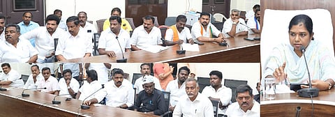 புதுக்கோட்டையில் புதன்கிழமை நடைபெற்ற அனைத்துக் கட்சிப் பிரதிநிதிகளுடனான ஆலோசனைக் கூட்டத்தில் பேசிய மாவட்ட ஆட்சியா் மு. அருணா.