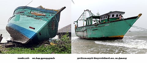கடல் சீற்றம் காரணமாக, மண்டபத்தில் சாய்ந்து கிடந்த விசைப் படகு. (வலது) ராமேசுவரத்தில் கரை ஒதுங்கிய விசைப் படகு.