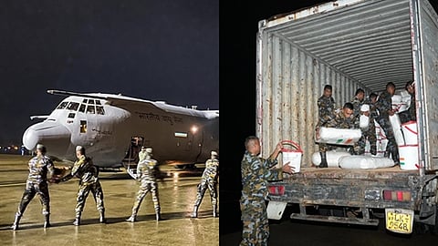 இலங்கைக்குத் தேவையான அவசர கால பொருள்களை நிரப்பும் வீரர்கள்