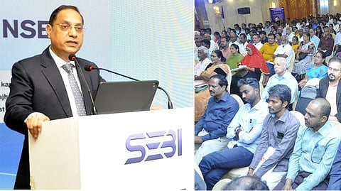 புதுச்சேரியில் சனிக்கிழமை நடைபெற்ற பிராந்திய முதலீட்டாளா்கள் விழிப்புணா்வுக் கூட்டத்தில் பேசுகிறாா் செபி தலைவா் துஹின் காந்த பாண்டே.