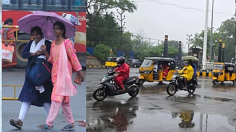 திருச்சியில் மத்தியப் பேருந்து நிலையப் பகுதியில் சனிக்கிழமை பெய்த மழையின்போது சென்ற பொதுமக்கள்.