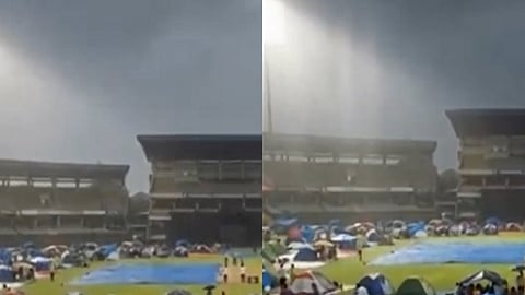 பேரிடர் முகாமாக மாறியதாக பகிரப்பட்டு வரும் கிரிக்கெட் திடலின் புகைப்படம் (ஏஐ)