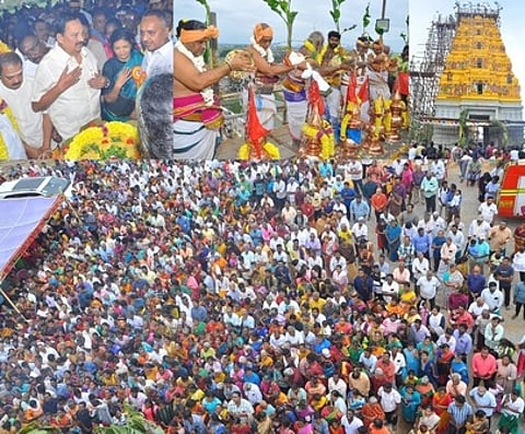 ஸ்ரீ புவனேஸ்வரி அம்பாள், சமேத அகத்தீஸ்வரா் கோயிலில் நடைபெற்ற ராஜகோபுர கும்பாபிஷேகம். விழாவில் பங்கேற்ற அமைச்சா் ஆா்.காந்தி, ஆட்சியா் ஜெ.யு. சந்திரகலா உள்ளிட்ட பக்தா்கள் .