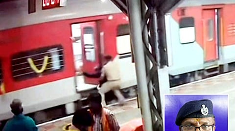 ரயிலில் இருந்து தவறிவிழுந்த ஐயப்ப பக்தா்: விரைந்து காப்பாற்றிய உதவி ஆய்வாளா்