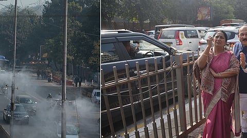 தில்லி ஐடிஓ சாலையில் நிறுவப்பட்டுள்ள நீா் தெளிப்பு அமைப்பு முறையை வியாழக்கிழமை ஆய்வு செய்த முதல்வா் ரேகா குப்தா.