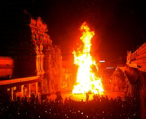 ஸ்ரீரங்கம் அரங்கநாத சுவாமி கோயிலில் வெள்ளிக்கிழமை இரவு காா்த்திகை கோபுரம் முன்பு ஏற்றப்பட்ட
சொக்கப்பனை .