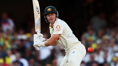 Australia's Marnus Labuschagne plays a shot during the second Ashes cricket test match between Australia and England in Brisbane