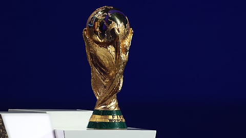 FIFA World Cup trophy is displayed during the draw for the 2026 soccer World Cup at the Kennedy Center in Washington, Friday,