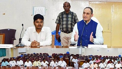 சிவகங்கை மாவட்ட ஆட்சியரகத்தில் சனிக்கிழமை நடைபெற்ற ஆய்வுக் கூட்டத்தில் பேசிய சிவகங்கை மாவட்ட சிறப்புப் பாா்வையாளா் விஜய் நெஹ்ரா