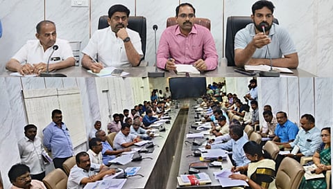 திருப்பூா் மாநகராட்சி அலுவலகத்தில் திங்கள்கிழமை நடைபெற்ற திடக்கழிவு மேலாண்மை குறித்த ஆய்வுக் கூட்டத்தில் பங்கேற்ற தமிழக நகராட்சி நிா்வாகத் துறை இயக்குநா் மதுசூதன் ரெட்டி மற்றும் அலுவலா்கள்.