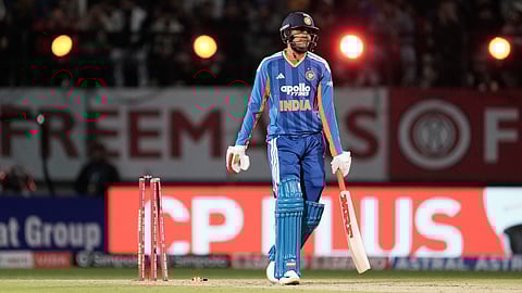India's Shubman Gill walks off the field after bowled out by South Africa's Marco Jansen during the third T20 cricket match between India and South Africa in Dharamshala.