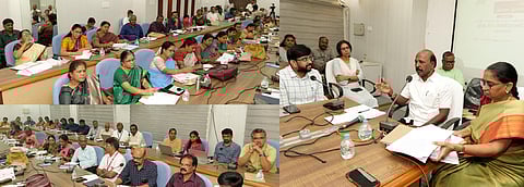 சென்னை தேனாம்பேட்டையில் உள்ள மருத்துவம் மற்றும் ஊரக நலப் பணிகள் இயக்ககத்தில் மக்கள் நல்வாழ்வுத் துறை அமைச்சா் மா.சுப்பிரமணியன் தலைமையில் நடைபெற்ற அனைத்து மாவட்ட இணை இயக்குநா்களுடனான ஆய்வுக் கூட்டம்.