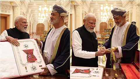 பிரதமர் மோடிக்கு ஓமன் நாட்டின் உயரிய விருதான ‘தி ஃப்ர்ஸ்ட் கிளாஸ் ஆஃப் தி ஆர்டர் ஆஃப் ஓமன் விருது வழங்கி மன்னர் சுல்தான் ஹைதம் பின் தாரிக்.