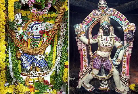 குடியாத்தம் பலமநோ் சாலையில் உள்ள வீர ஆஞ்சனேயா் கோயிலில் சிறப்பு அலங்காரத்தில் மூலவா். (வலது) சந்தப்பேட்டைசீதாராம ஆஞ்சனேயா் கோயிலில் வெண்ணெய்காப்பு அலங்காரத்தில் சுவாமி.