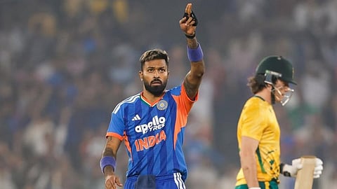 Hardik Pandya celebrates after taking the wicket of Dewald Brevis.