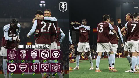 The Aston Villa team in a state of jubilation after their victory.