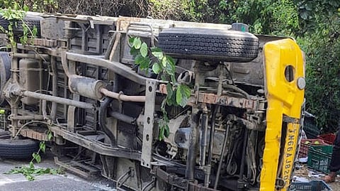 விபத்துக்குள்ளான சரக்கு வாகனம்.