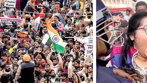 தில்லியில் உள்ள வங்கதேச தூதரகத்தை முற்றுகையிட குவிந்த ஹிந்து அமைப்புகளைச் சேர்ந்தவர்கள்.
(வலது) கொல்கத்தாவில் உள்ள வங்கதேச துணைத் தூதரகம் அருகே நடைபெற்ற போராட்டத்தில் பங்கேற்றோர்.