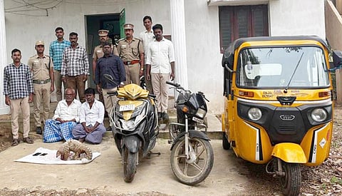 கைது செய்யப்பட்டோா், பறிமுதல் செய்யப்பட்ட எறும்பு தின்னி, ஆட்டோ மற்றும் 2 இருசக்கர வாகனங்களுடன் வனத்துறையினா்.