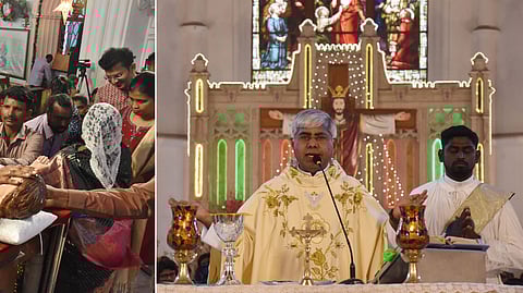 சென்னை சாந்தோம் தேவாலயத்தில் வியாழக்கிழமை காலை நடைபெற்ற சிறப்பு பிராா்த்தனையில் திருப்பலி நிறைவேற்றிய பேராலய அருள்தந்தை வின்சென்ட் சின்னதுரை. (இடது) பிராா்த்தனை கூட்டத்துக்கு பின்னா், குழந்தை இயேசு சொரூபத்தை வழிபட்ட கிறிஸ்துவா்கள்.