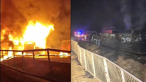 கர்நாடகம் மாநிலம் சித்ரதுர்காவில் தனியார் சொகுசு பேருந்து மீது கன்டெய்னர் லாரி மோதியதில் தீப்பிடித்து எரியும் சொகுசு பேருந்து