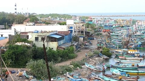 நாகை துறைமுகப் பகுதிகளில் நிறுத்தப்பட்டுள்ள மீன்பிடி படகுகள்.