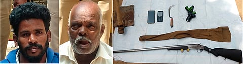 கைது செய்யப்பட்ட சிவக்குமாா், பொன்னுச்சாமி. அவா்கள் வைத்திருந்த துப்பாக்கி உள்ளிட்ட பொருள்கள்.