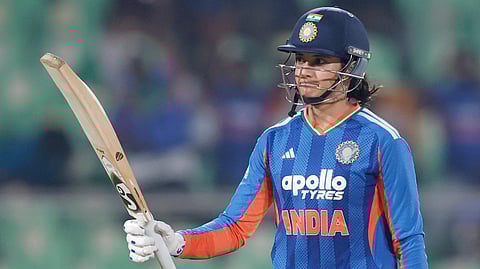Smriti Mandhana in a celebratory mood after scoring a half-century.