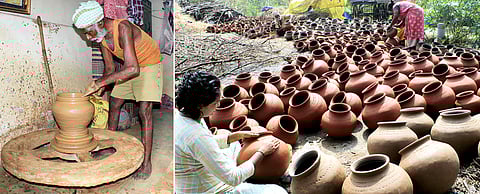 தருமபுரி அதியமான்கோட்டை பகுதியில் பொங்கல் பண்டிகைக்காக மண்பானைகள் தயாரிக்கும் பணியில் ஈடுபட்டுள்ள மண்பாண்டத் தொழிலாளா்கள்.