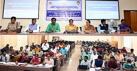 திருவண்ணாமலை ஆட்சியா் அலுவலகத்தில் நடைபெற்ற கூராய்வுக் கூட்டத்தில் பேசிய, குழந்தை உரிமைகள் பாதுகாப்பு ஆணையத் தலைவா் புதுக்கோட்டை விஜயா.