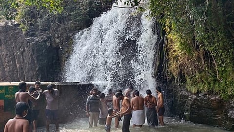 அகஸ்தியா் அருவியில் ஞாயிற்றுக்கிழமை குளித்து மகிழ்ந்த சுற்றுலாப் பயணிகள், ஐயப்ப பக்தா்கள்.