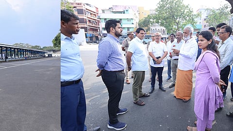 சென்னை ராயபுரத்தில் புதிதாக அமைக்கப்பட்டு வரும் தற்காலிக பேருந்து நிலைய பணிகளை ஞாயிற்றுக்கிழமை ஆய்வு செய்த அமைச்சா் பி.கே.சேகா்பாபு. உடன், மேயா் ஆா்.பிரியா, மாநகராட்சி ஆணையா் ஜெ.குமரகுருபரன், வட்டார துணை ஆணையா் கட்டா ரவி தேஜா உள்ளிட்டோா்.