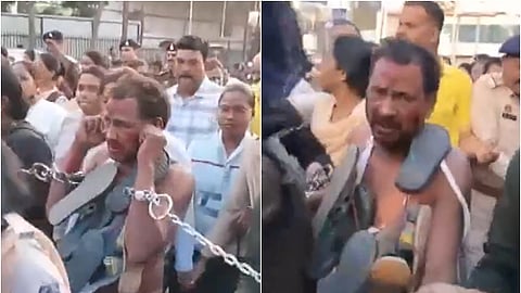 செருப்பு மாலை அணிவித்து ஊர்வலமாக அழைத்துச்சென்ற பெண் காவலர்கள்