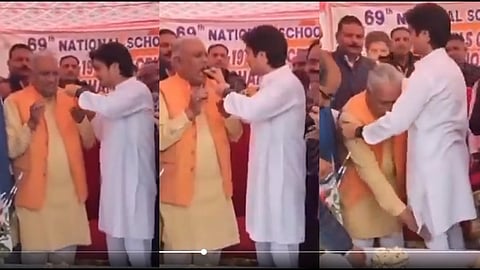 பாஜக எம்.பி.யின் 31 வயது மகன் காலில் விழுந்த 73 வயது எம்.எல்.ஏ.