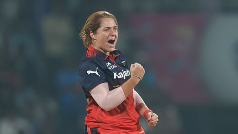 RCB player Nadine de klerk in a moment of joy after taking a wicket.