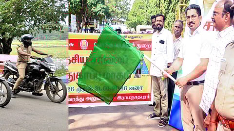 ராமநாதபுரத்தில் இரு சக்கர பேரணியை வெள்ளிக்கிழமை கொடியசைத்து தொடங்கி வைத்த மாவட்ட ஆட்சியா் சிம்ரன்ஜீத் சிங் காலோன். உடன் வட்டார போக்குவரத்து அலுவலா் ஆனந்த், மோட்டா் வாகன ஆய்வாளா் தங்கராஜ் உள்ளிட்டோா்.